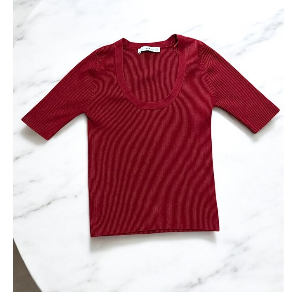 Zara Knit Ribbed Scoop Neck Pullover Short Sleeve Sweater‎  Red S Minimalist